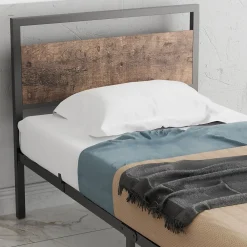Lit Simple 90x200 cm - Lit en Métal Noir Solide avec Sommier à Lattes et Bois Robuste - Sans Matelas><noscript><img width=
