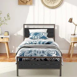Okwish Lit Simple 90x200 cm - Lit en Métal Noir Robuste Gain de Place pour Petite Chambre - Sans Matelas* Lit Simple