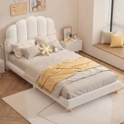 Lit Simple 90x200 cm - Lit Enfant Junior avec Tête de Lit en Peluche - Sans Matelas - Blanc>Okwish