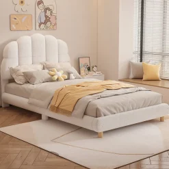 Lit Simple 90x200 cm - Lit Enfant Junior avec Tête de Lit en Peluche - Sans Matelas - Blanc>Okwish