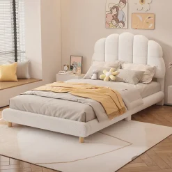 Lit Simple 90x200 cm - Lit Enfant Junior avec Tête de Lit en Peluche - Sans Matelas - Blanc><noscript><img width=
