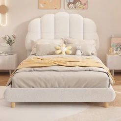 Lit Simple 90x200 cm - Lit Enfant Junior avec Tête de Lit en Peluche - Sans Matelas - Blanc><noscript><img width=