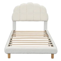 Lit Simple 90x200 cm - Lit Enfant Junior avec Tête de Lit en Peluche - Sans Matelas - Blanc><noscript><img width=