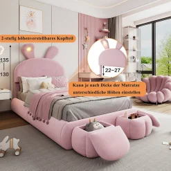 Lit Simple 90x200 cm - Lit enfant Rembourré avec Oreilles de Lapin et 2 Tabourets de Rangement - Velours - Rose><noscript><img width=