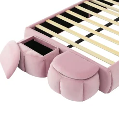 Lit Simple 90x200 cm - Lit enfant Rembourré avec Oreilles de Lapin et 2 Tabourets de Rangement - Velours - Rose><noscript><img width=