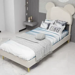 Okwish Lit Simple 90x200 cm - Lit Enfant avec Tête Cartoon Capitonnée et Cadre Bas, Velours Beige, sans Matelas*Enfant Lit Enfant
