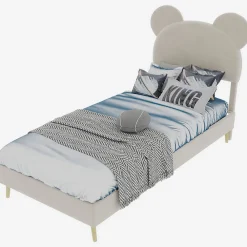 Okwish Lit Simple 90x200 cm - Lit Enfant avec Tête Cartoon Capitonnée et Cadre Bas, Velours Beige, sans Matelas*Enfant Lit Enfant