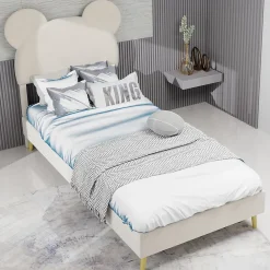 Okwish Lit Simple 90x200 cm - Lit Enfant avec Tête Cartoon Capitonnée et Cadre Bas, Velours Beige, sans Matelas*Enfant Lit Enfant