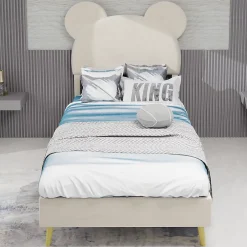 Okwish Lit Simple 90x200 cm - Lit Enfant avec Tête Cartoon Capitonnée et Cadre Bas, Velours Beige, sans Matelas*Enfant Lit Enfant