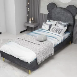 Okwish Lit Simple 90x200 cm - Lit Enfant avec Tête Cartoon Capitonnée et Cadre Bas, Velours Gris, sans Matelas*Enfant Lit Enfant