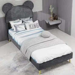 Okwish Lit Simple 90x200 cm - Lit Enfant avec Tête Cartoon Capitonnée et Cadre Bas, Velours Gris, sans Matelas*Enfant Lit Enfant