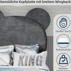 Okwish Lit Simple 90x200 cm - Lit Enfant avec Tête Cartoon Capitonnée et Cadre Bas, Velours Gris, sans Matelas*Enfant Lit Enfant