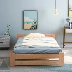Okwish Lit Simple 90x200 cm - Lit Futon Naturel avec Tête de Lit en Bois Massif - Sommier Inclus - Minimaliste Scandinave - Sans Matelas* Lit Simple