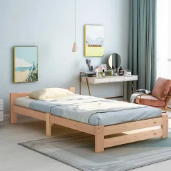 Okwish Lit Simple 90x200 cm - Lit Futon Naturel avec Tête de Lit en Bois Massif - Sommier Inclus - Minimaliste Scandinave - Sans Matelas* Lit Simple