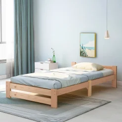 Okwish Lit Simple 90x200 cm - Lit Futon Naturel avec Tête de Lit en Bois Massif - Sommier Inclus - Minimaliste Scandinave - Sans Matelas* Lit Simple