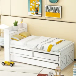 Okwish Lit Simple 90x190 cm - Lit Junior avec Tiroirs Coulissants et Table de Chevet avec Étageres, Prise USB - Bois Massif - Blanc* Lit Simple