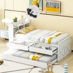 Okwish Lit Simple 90x190 cm - Lit Junior avec Tiroirs Coulissants et Table de Chevet avec Étageres, Prise USB - Bois Massif - Blanc* Lit Simple
