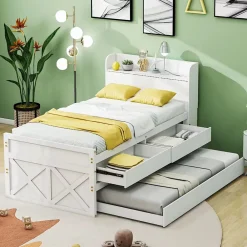 Okwish Lit Simple 90x190 cm - Lit Junior avec Tiroirs Coulissants et Table de Chevet avec Étageres, Prise USB - Bois Massif - Blanc* Lit Simple
