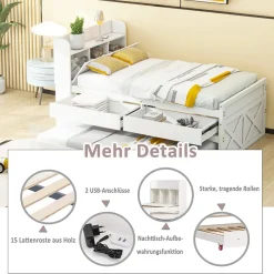 Okwish Lit Simple 90x190 cm - Lit Junior avec Tiroirs Coulissants et Table de Chevet avec Étageres, Prise USB - Bois Massif - Blanc* Lit Simple