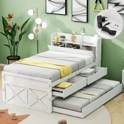 Okwish Lit Simple 90x190 cm - Lit Junior avec Tiroirs Coulissants et Table de Chevet avec Étageres, Prise USB - Bois Massif - Blanc* Lit Simple