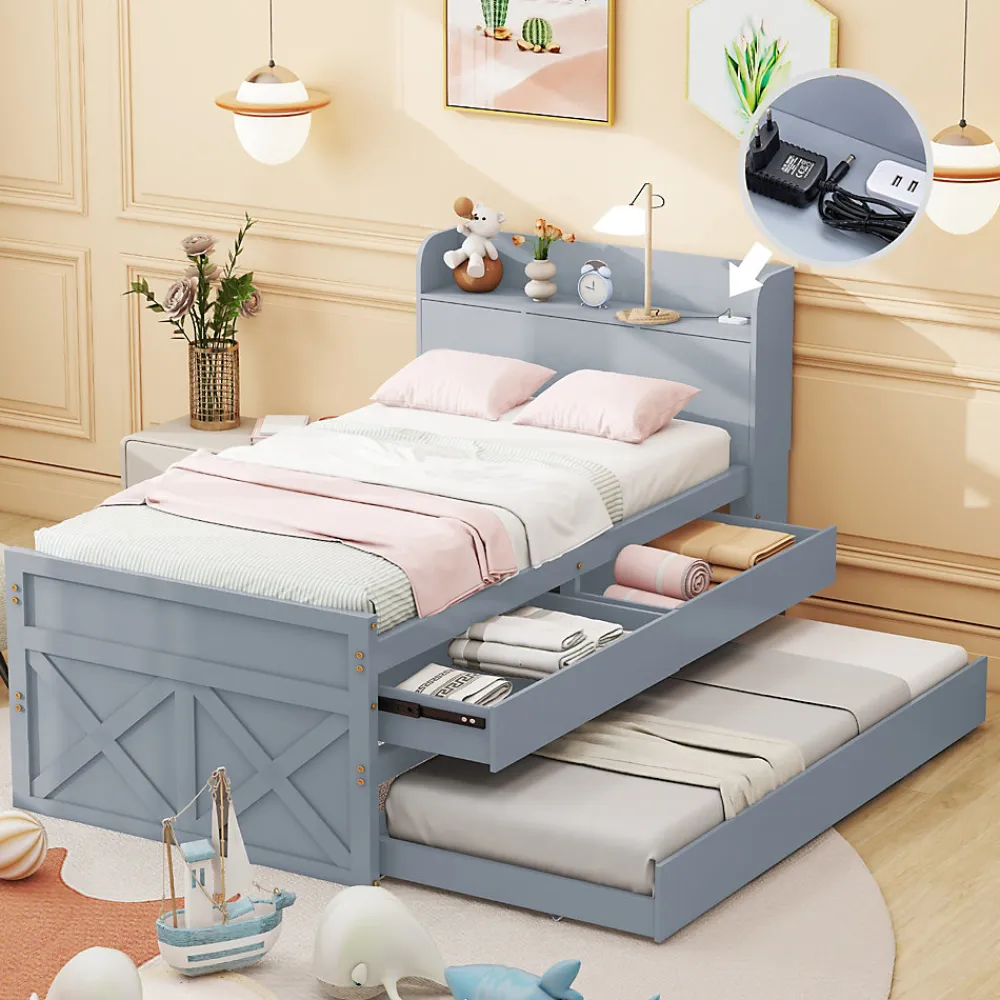 Lit Simple 90x190 cm - Lit Junior avec Tiroir Coulissant et Table de Chevet avec Étageres, Prise USB - Bois Massif - Gris>Okwish