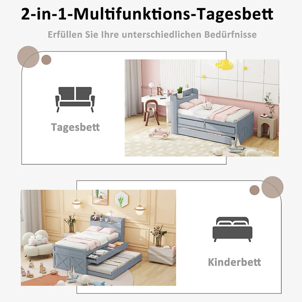 Lit Simple 90x190 cm - Lit Junior avec Tiroir Coulissant et Table de Chevet avec Étageres, Prise USB - Bois Massif - Gris>Okwish