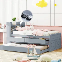 Lit Simple 90x190 cm - Lit Junior avec Tiroir Coulissant et Table de Chevet avec Étageres, Prise USB - Bois Massif - Gris><noscript><img width=