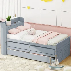 Lit Simple 90x190 cm - Lit Junior avec Tiroir Coulissant et Table de Chevet avec Étageres, Prise USB - Bois Massif - Gris><noscript><img width=