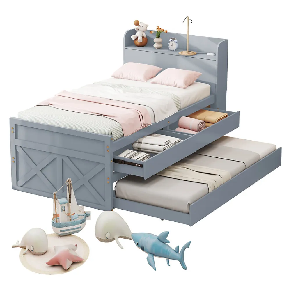 Lit Simple 90x190 cm - Lit Junior avec Tiroir Coulissant et Table de Chevet avec Étageres, Prise USB - Bois Massif - Gris>Okwish