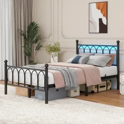 Lit Simple 120x200 cm - Lit Métal Ado Vintage avec LED et Ports USB, Barres Acier Renforcées, Sans Matelas - Métal Noir>Okwish Online