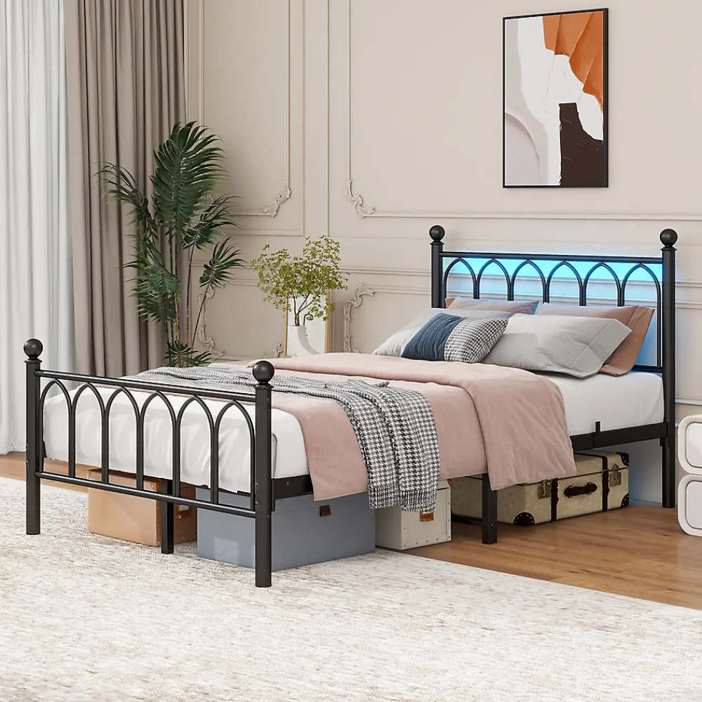 Lit Simple 120x200 cm - Lit Métal Ado Vintage avec LED et Ports USB, Barres Acier Renforcées, Sans Matelas - Métal Noir>Okwish Online