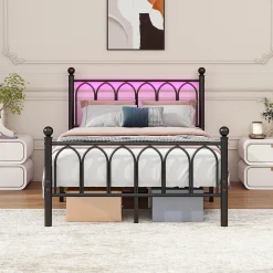 Lit Simple 120x200 cm - Lit Métal Ado Vintage avec LED et Ports USB, Barres Acier Renforcées, Sans Matelas - Métal Noir>Okwish Online
