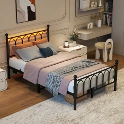 Lit Simple 120x200 cm - Lit Métal Ado Vintage avec LED et Ports USB, Barres Acier Renforcées, Sans Matelas - Métal Noir><noscript><img width=