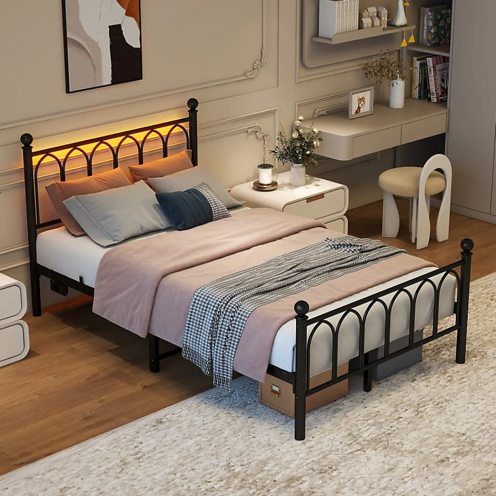 Lit Simple 120x200 cm - Lit Métal Ado Vintage avec LED et Ports USB, Barres Acier Renforcées, Sans Matelas - Métal Noir>Okwish Online
