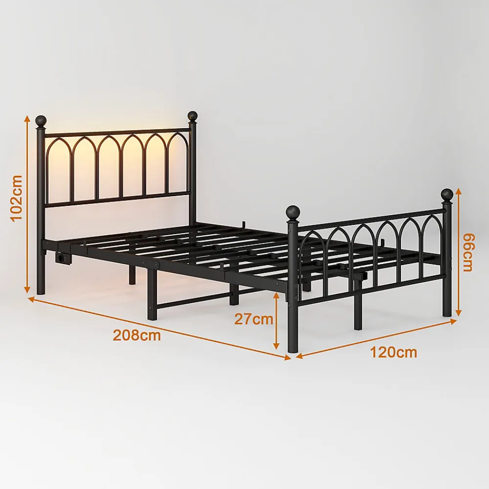 Lit Simple 120x200 cm - Lit Métal Ado Vintage avec LED et Ports USB, Barres Acier Renforcées, Sans Matelas - Métal Noir>Okwish Online