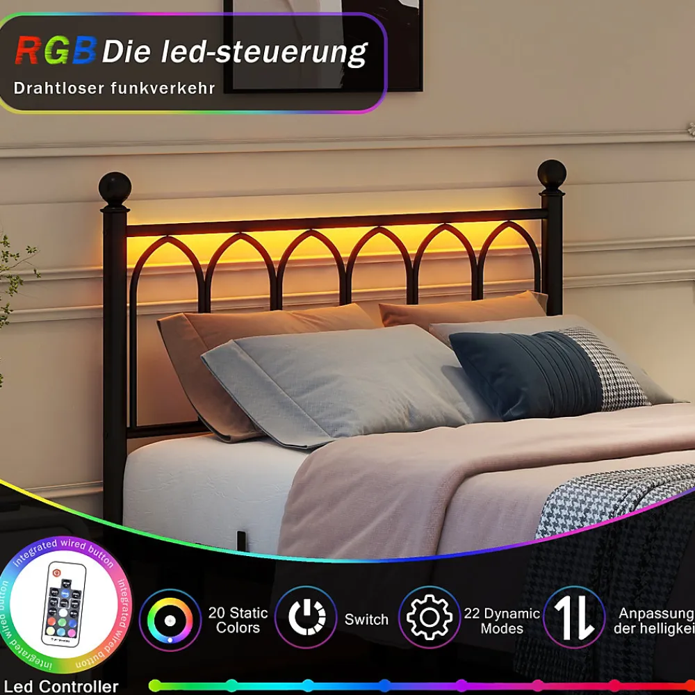 Lit Simple 120x200 cm - Lit Métal Ado Vintage avec LED et Ports USB, Barres Acier Renforcées, Sans Matelas - Métal Noir>Okwish Online