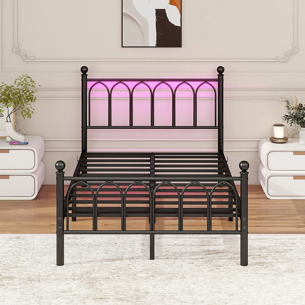 Lit Simple 120x200 cm - Lit Métal Ado Vintage avec LED et Ports USB, Barres Acier Renforcées, Sans Matelas - Métal Noir>Okwish Online