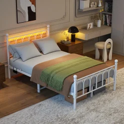 Okwish Lit Simple 120x200 cm - Lit Métal Ado Vintage avec LED et Ports USB, Barres Acier Renforcées, Sans Matelas - Métal Blanc* Lit Simple