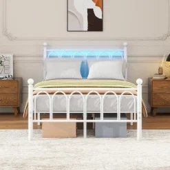Okwish Lit Simple 120x200 cm - Lit Métal Ado Vintage avec LED et Ports USB, Barres Acier Renforcées, Sans Matelas - Métal Blanc* Lit Simple