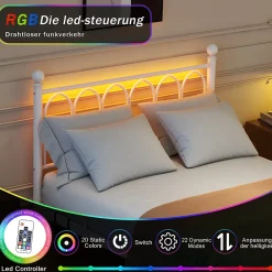 Okwish Lit Simple 120x200 cm - Lit Métal Ado Vintage avec LED et Ports USB, Barres Acier Renforcées, Sans Matelas - Métal Blanc* Lit Simple