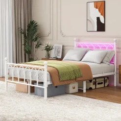 Okwish Lit Simple 120x200 cm - Lit Métal Ado Vintage avec LED et Ports USB, Barres Acier Renforcées, Sans Matelas - Métal Blanc* Lit Simple