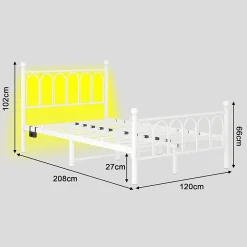 Okwish Lit Simple 120x200 cm - Lit Métal Ado Vintage avec LED et Ports USB, Barres Acier Renforcées, Sans Matelas - Métal Blanc* Lit Simple