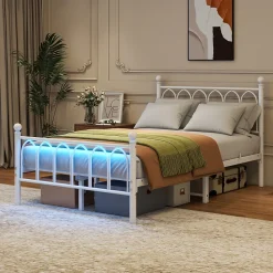 Okwish Lit Simple 120x200 cm - Lit Métal Ado Vintage avec LED et Ports USB, Barres Acier Renforcées, Sans Matelas - Métal Blanc* Lit Simple