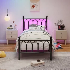 Lit Simple 90x200 cm - Lit Métal Ado avec Éclairage LED et Ports USB, Barres Acier Renforcées, Sans Matelas - Métal Noir>Okwish Best