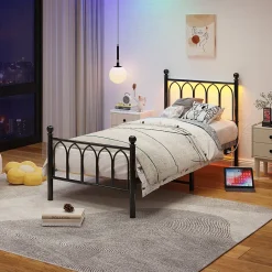 Lit Simple 90x200 cm - Lit Métal Ado avec Éclairage LED et Ports USB, Barres Acier Renforcées, Sans Matelas - Métal Noir><noscript><img width=