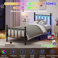 Lit Simple 90x200 cm - Lit Métal Ado avec Éclairage LED et Ports USB, Barres Acier Renforcées, Sans Matelas - Métal Noir><noscript><img width=