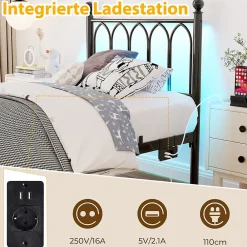 Lit Simple 90x200 cm - Lit Métal Ado avec Éclairage LED et Ports USB, Barres Acier Renforcées, Sans Matelas - Métal Noir><noscript><img width=