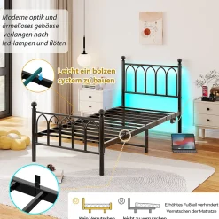 Lit Simple 90x200 cm - Lit Métal Ado avec Éclairage LED et Ports USB, Barres Acier Renforcées, Sans Matelas - Métal Noir><noscript><img width=