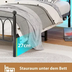 Lit Simple 90x200 cm - Lit Métal Ado avec Éclairage LED et Ports USB, Barres Acier Renforcées, Sans Matelas - Métal Noir><noscript><img width=