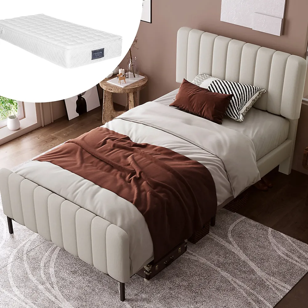 Lit simple 90x200 cm - Lit rembourré avec tête de lit capitonnée - Lin - Matelas Inclus - Gris-Beige>Okwish New